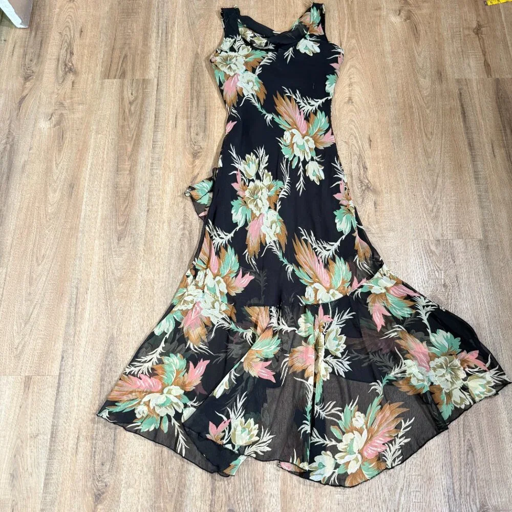 Vintage 90s Maxi Dress Floral Black Beaded Matching Scarf Fairy Feminine M - Picture 10 of 16